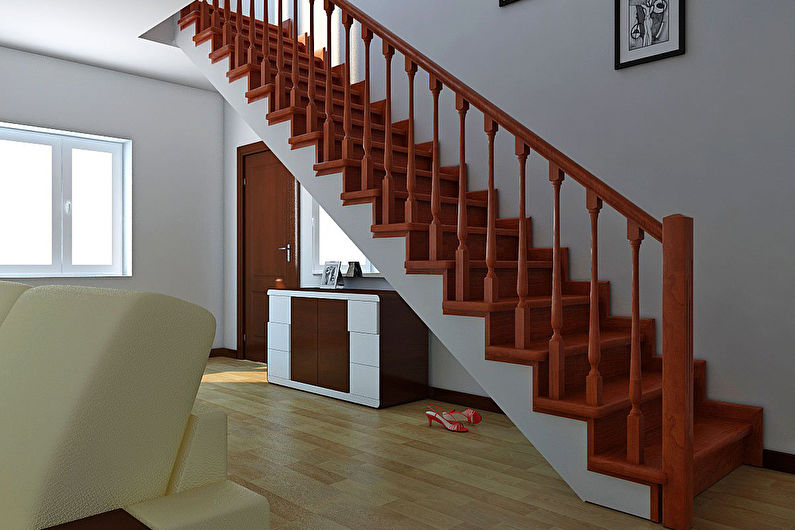 a wooden staircase in a living room.