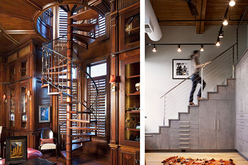 a man is standing on a spiral staircase in a home.