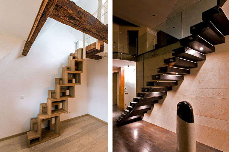 two pictures of a staircase with a wooden railing.