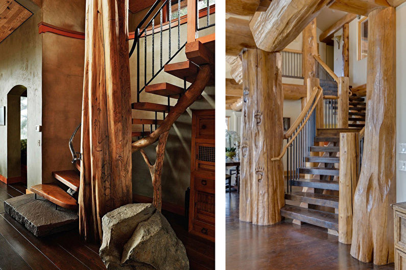 two pictures of a staircase made from logs.