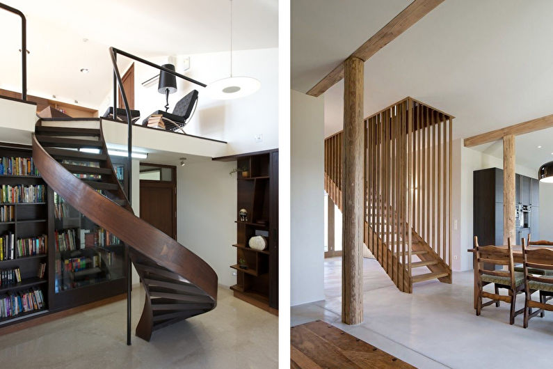 two pictures of a spiral staircase and a dining room.