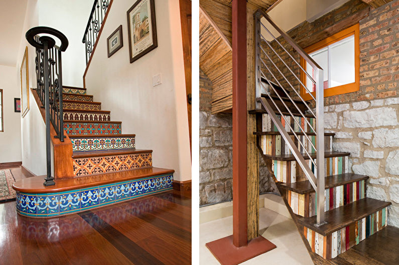 two pictures of a staircase with a railing and a tiled floor.