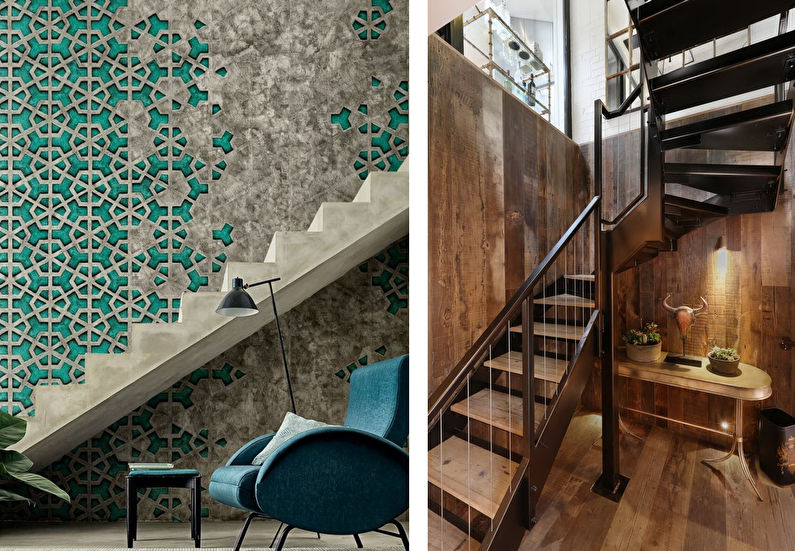 two pictures of a staircase and a green tiled wall.