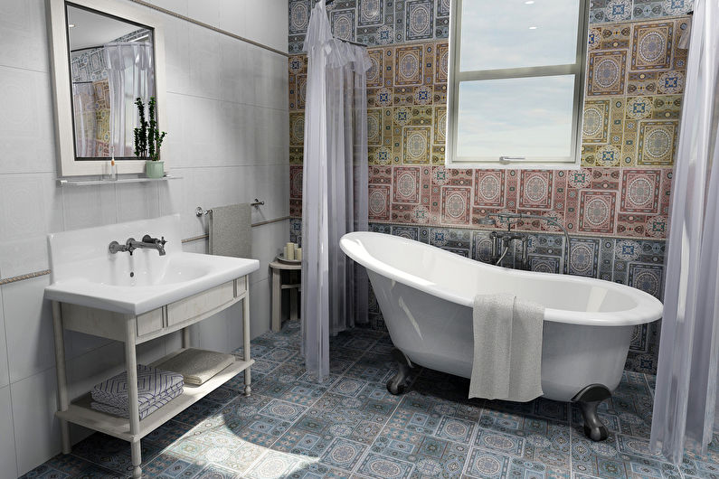 a bathroom with tiled walls and a bathtub.