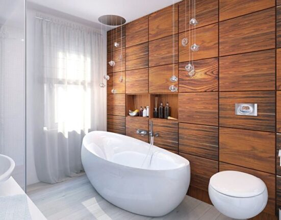 a modern bathroom with wooden walls and a bathtub.