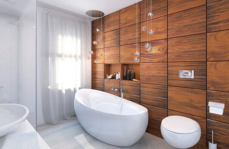 a modern bathroom with wooden walls and a bathtub.