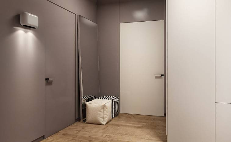 a hallway with a white door and wooden floor.