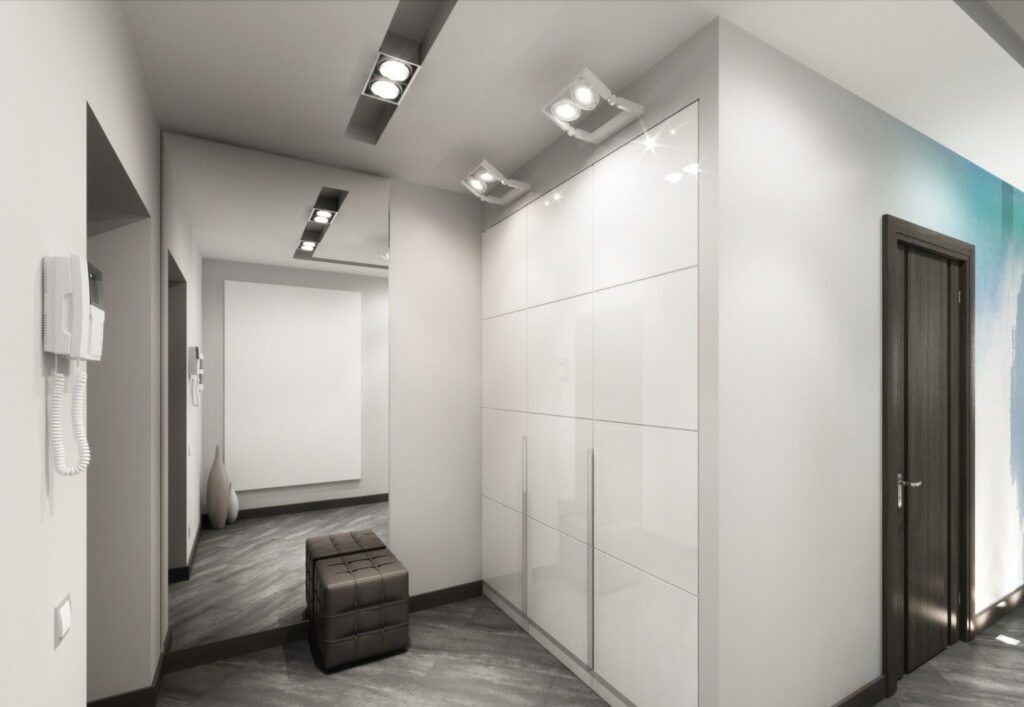 a 3d rendering of a hallway with white walls.