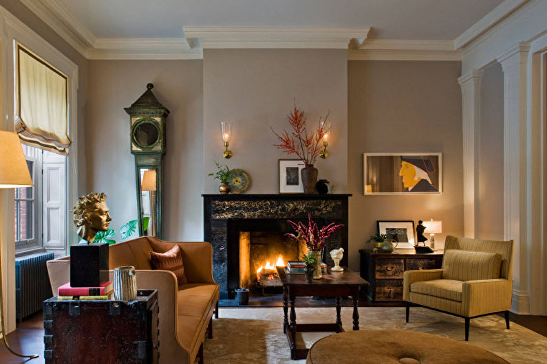 a living room with a fireplace.