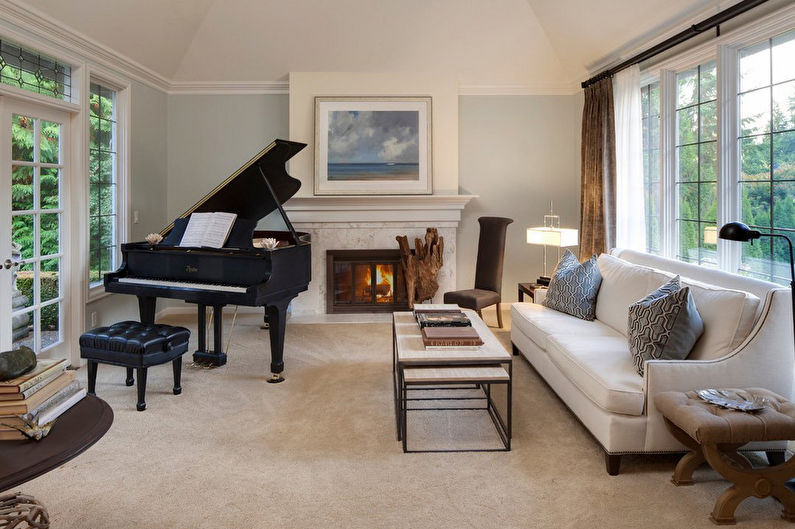 a living room with a piano in it.