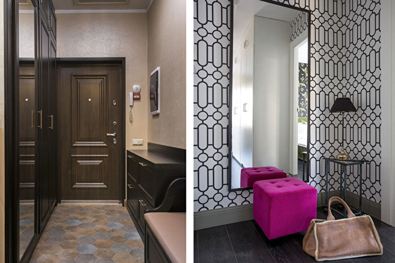 two pictures of a hallway with patterned wallpaper and a pink ottoman.