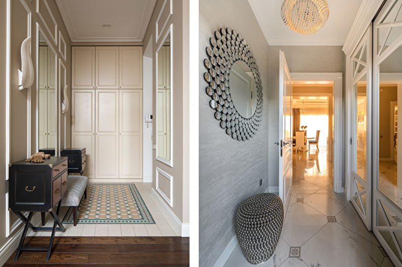 two pictures of a hallway with a mirror and a rug.