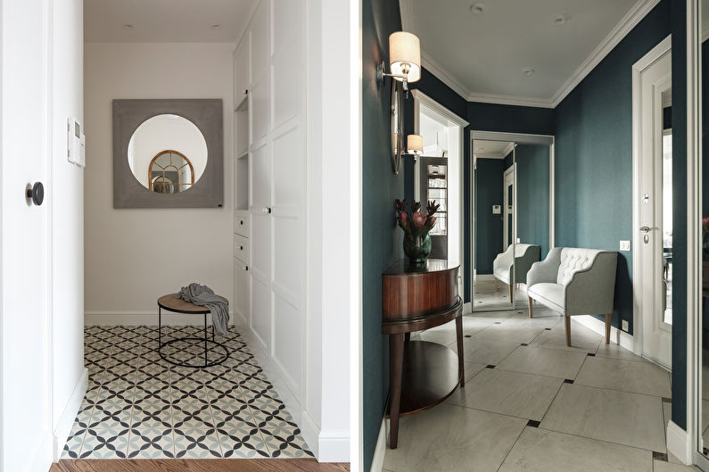 two pictures of a hallway with blue walls and a tiled floor.