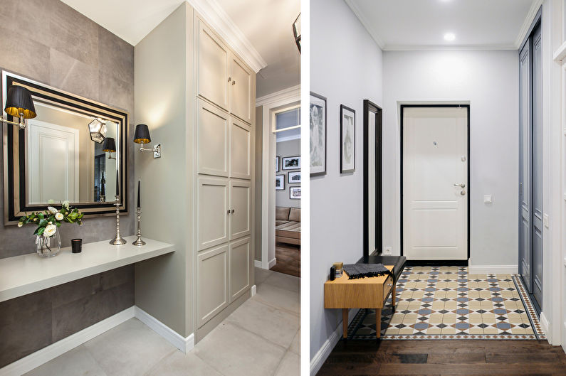 two pictures of a hallway with a mirror and a tiled floor.