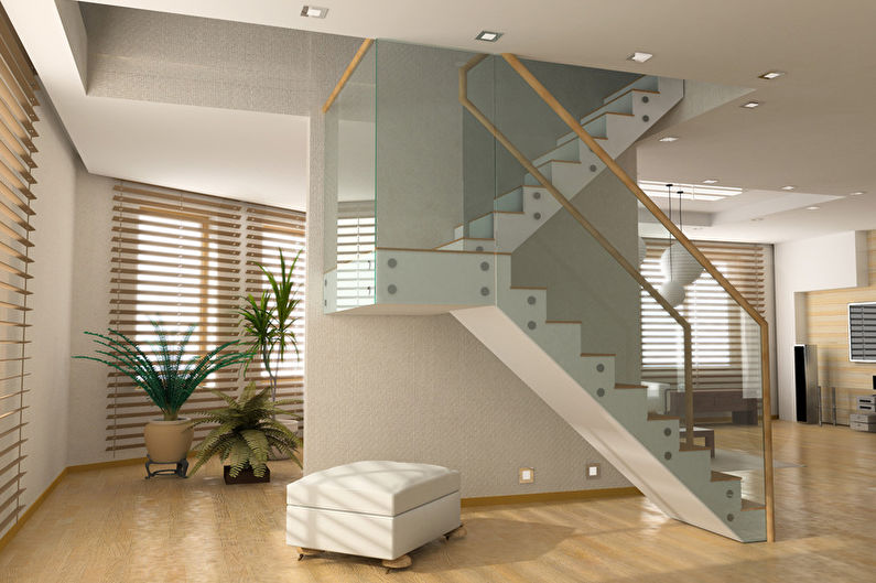 a staircase in a living room.