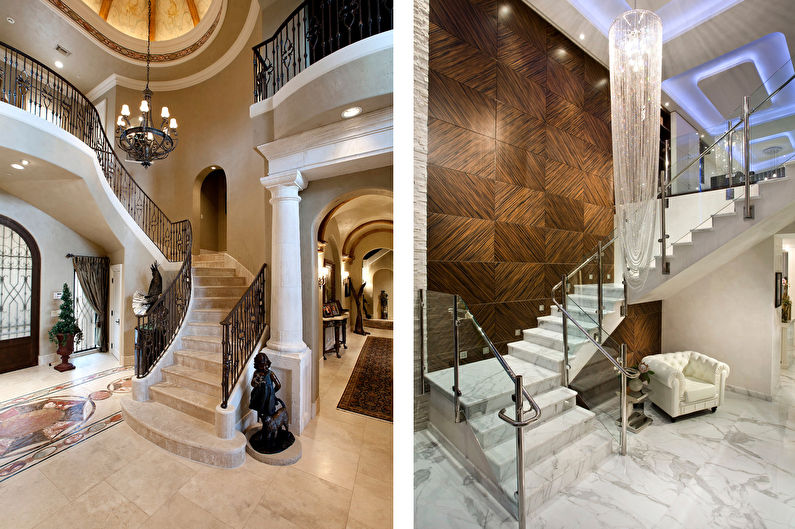 two pictures of a staircase in a luxury home.