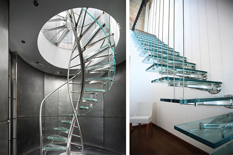 a glass spiral staircase in a modern home.