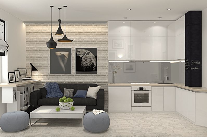 3d rendering of a modern kitchen and living room.