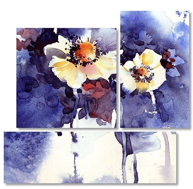 three watercolor paintings of flowers in blue and yellow.