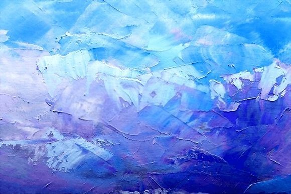 an abstract painting of mountains in blue and purple colors.