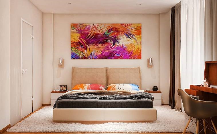 a bedroom with a colorful painting on the wall.