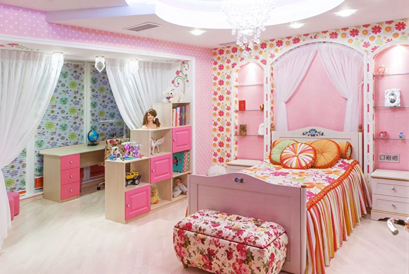 a girl's bedroom decorated in pink and white.