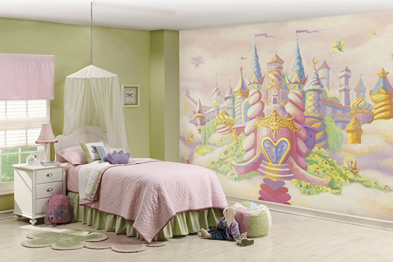 a girl's bedroom with a princess castle mural.