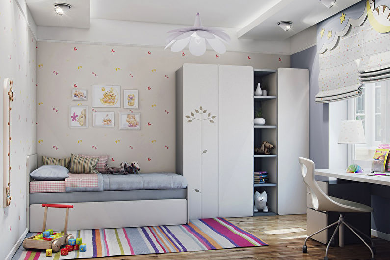 a child's room with a bed and desk.