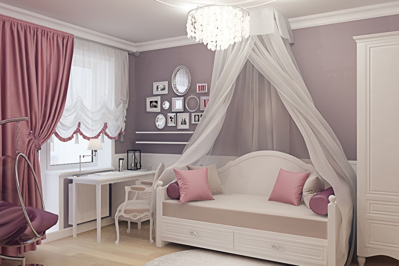 a girl's bedroom with a canopy bed and white furniture.