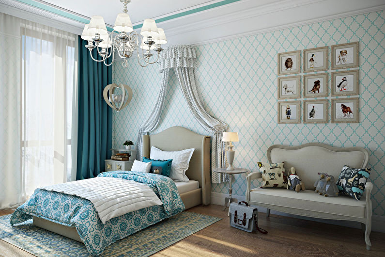 a blue and white bedroom with a chandelier.