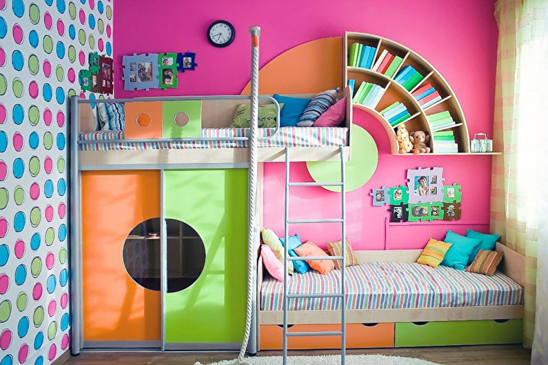 a kids room with colorful walls and a bunk bed.