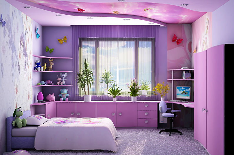 a pink and purple bedroom with a bed and a desk.