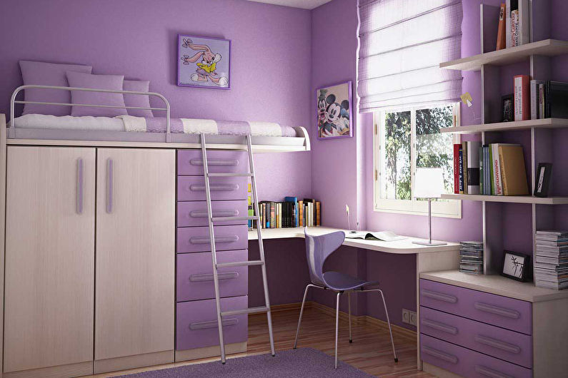 a purple bedroom with a bunk bed and desk.