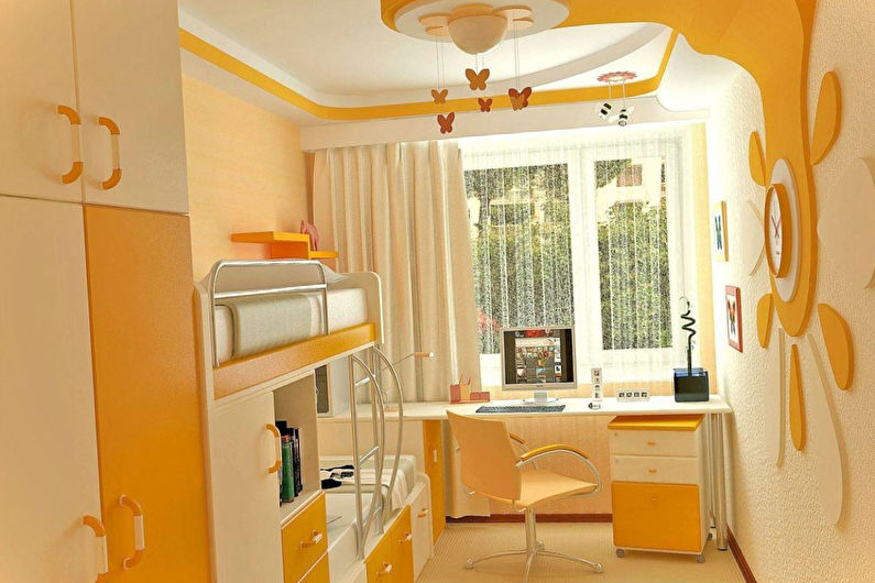 a yellow and white bedroom with a desk and a bunk bed.