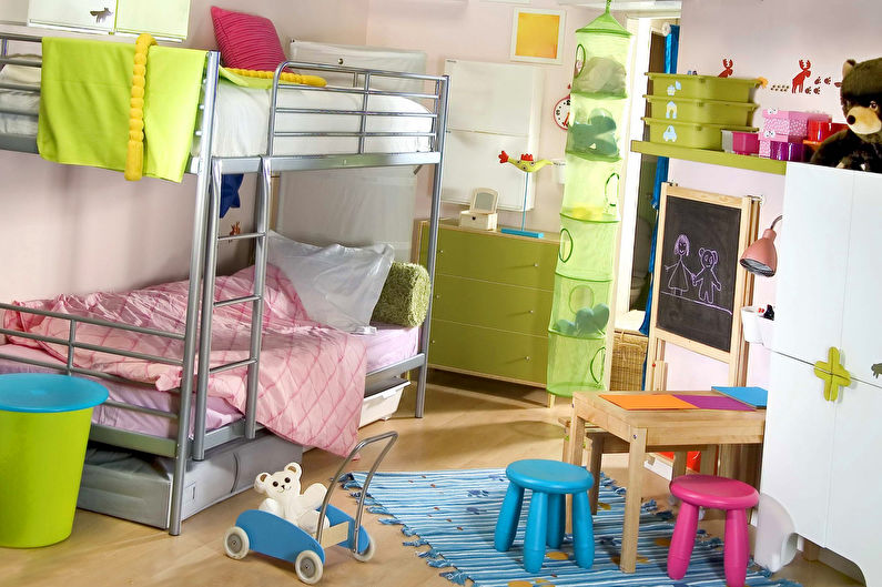 a children's room with a bunk bed and a desk.