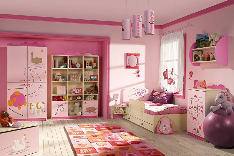 a girl's room with pink walls and furniture.