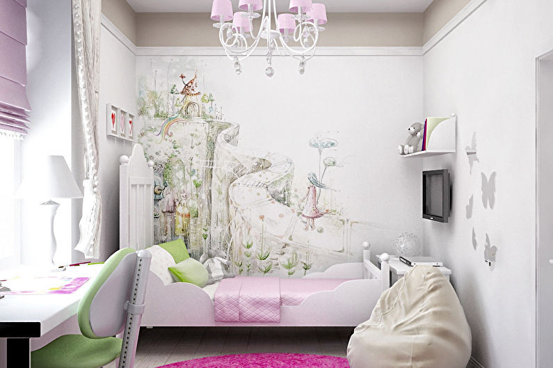 a girl's bedroom with a pink and white theme.