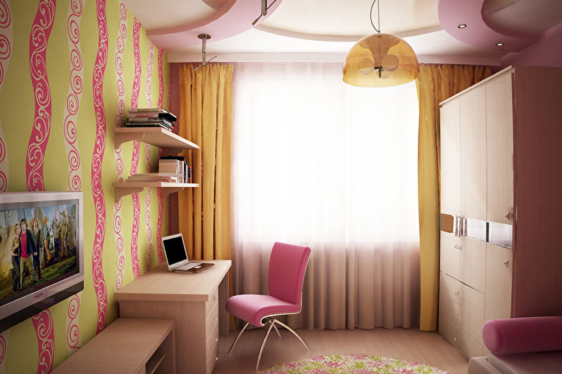 a pink and yellow room with a desk and chair.