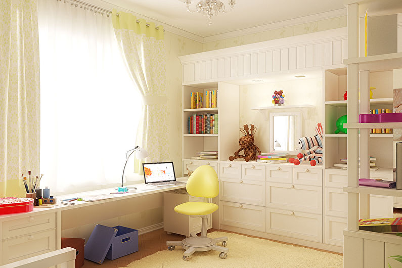 a child's room with a desk and chair.