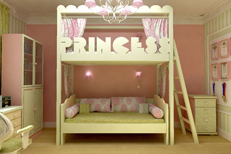 a girl's bedroom with a bunk bed and a desk.