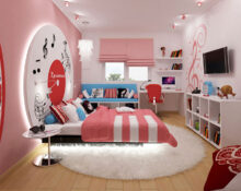 a pink and white bedroom with a clock on the wall.