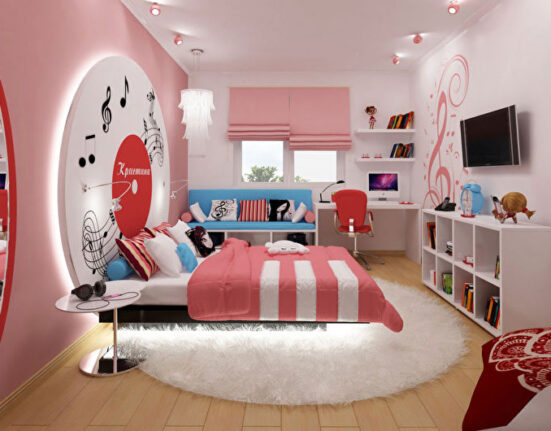 a pink and white bedroom with a clock on the wall.