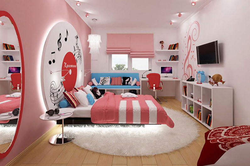 a pink and white bedroom with a clock on the wall.