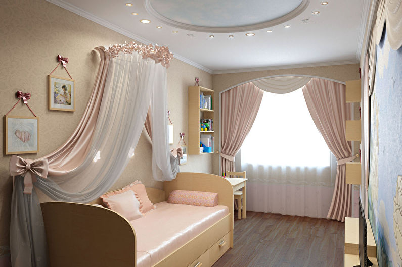 a girl's room with a bed and curtains.