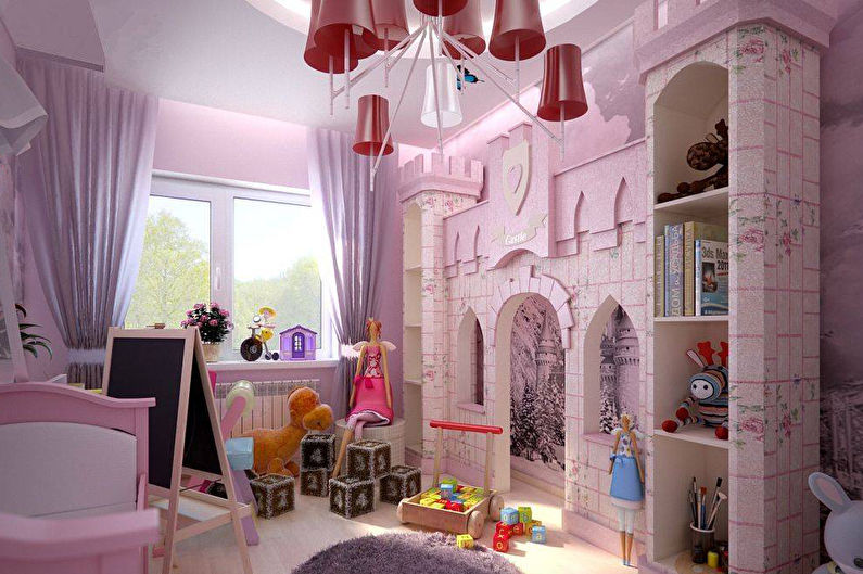 a girl's bedroom with a castle theme.