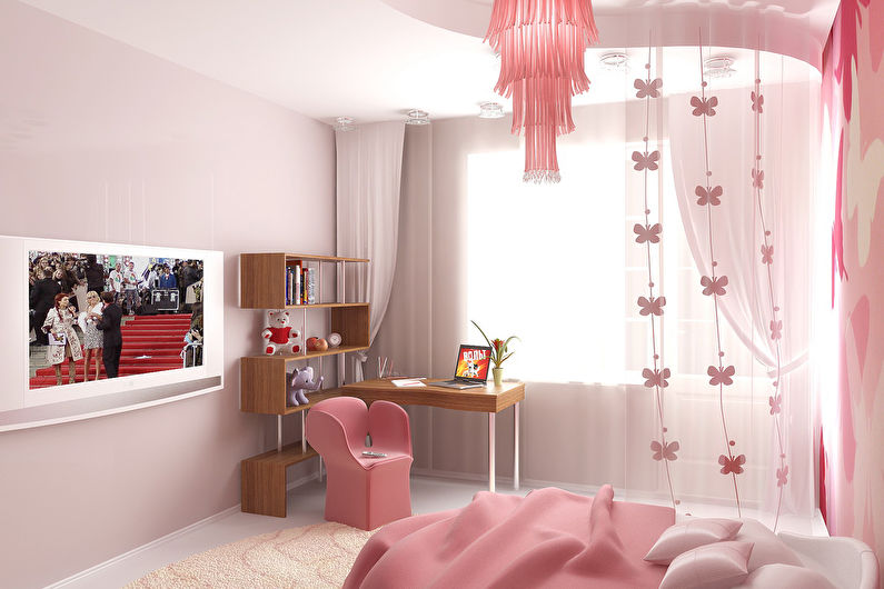 a pink and white bedroom with a tv.