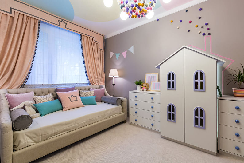 a girl's room with a bed, dresser, and a chandelier.