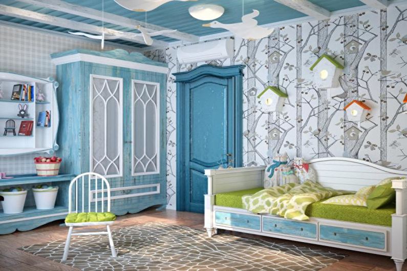 A child's room with blue walls and white furniture.