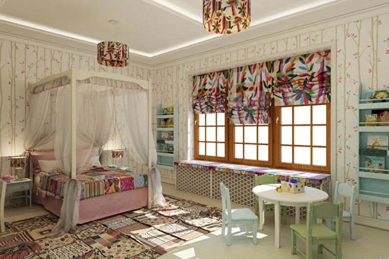 A children's room with a canopy bed and colorful furniture.