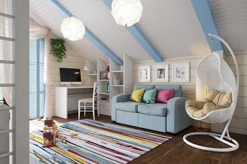 A child's room with a swing and bookshelf.